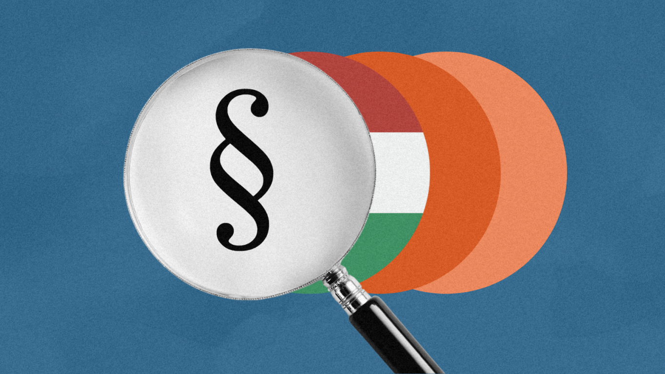 magnifying glass over a paragraph symbol, Hungarian flag, and fading orange-coloured circles