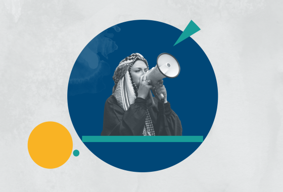 a dark blue circle in the middle, in it there is a protester with headscarf with loudspeaker, smaller yellow circle on the left.
